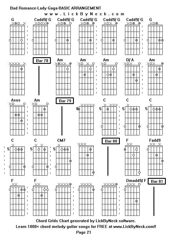 Chord Grids Chart of chord melody fingerstyle guitar song-Bad Romance-Lady Gaga-BASIC ARRANGEMENT,generated by LickByNeck software.